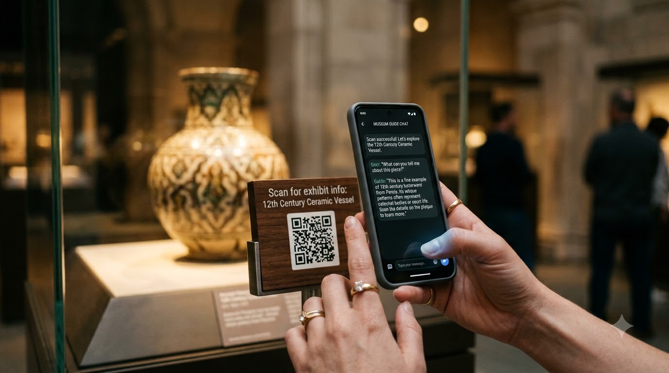Hand holding a phone up to a museum QR code placard