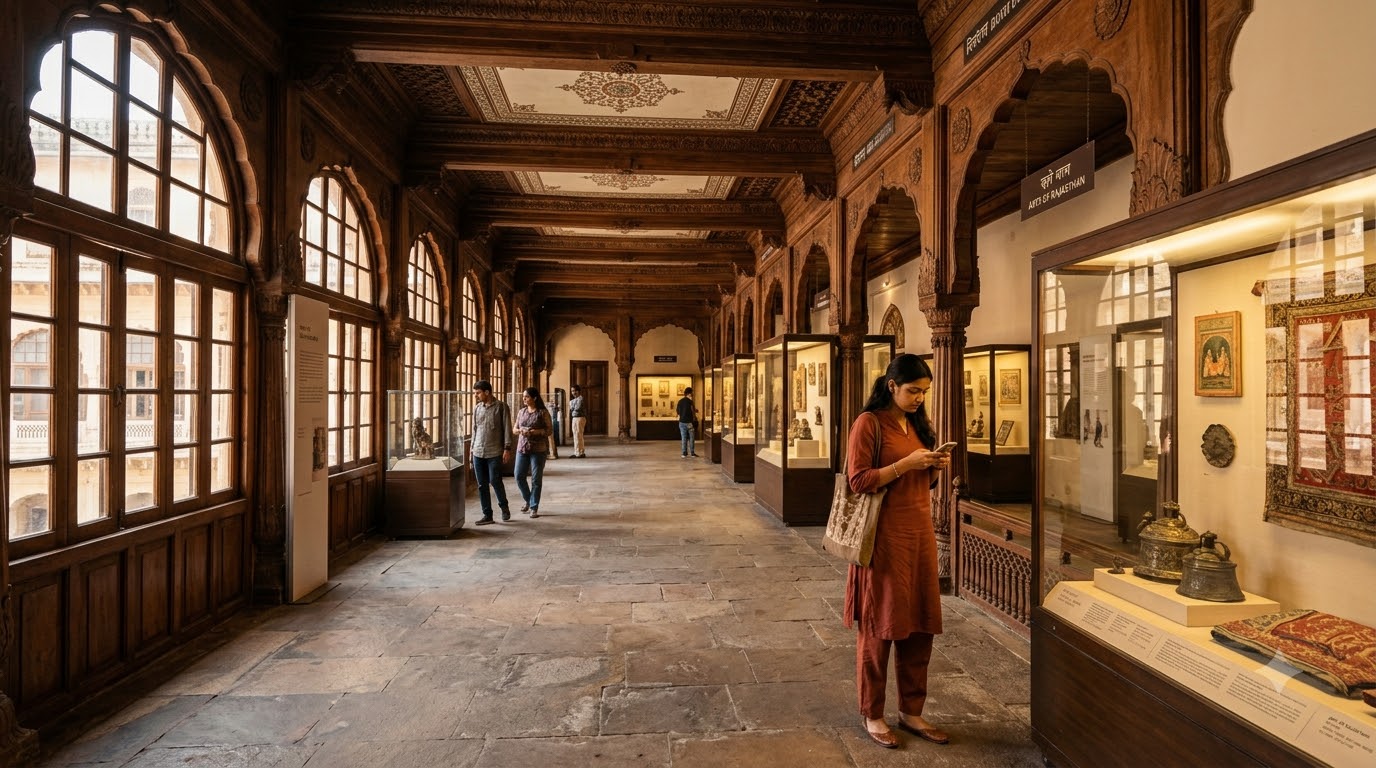 Visitors walking through a museum gallery